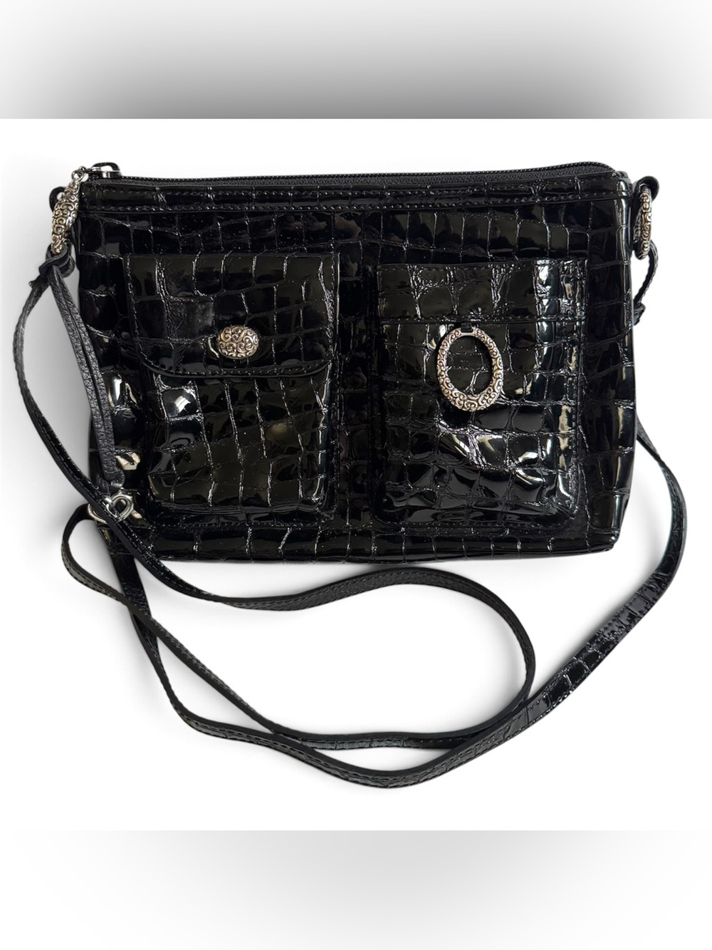 Brighton Black Patent Leather Croc Embossed Crossbody Shoulder Bag Purse Classic